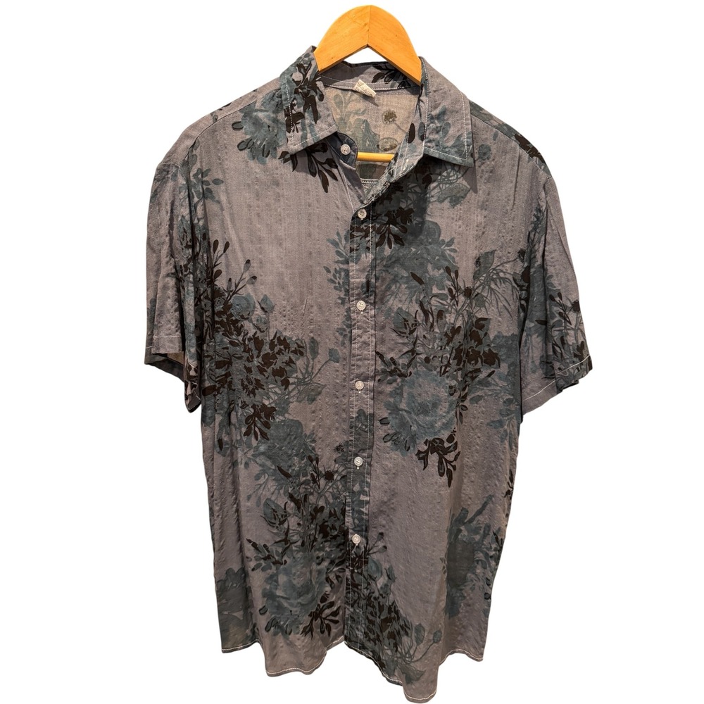 Mens Grey Floral Shadow Print Short Sleeve Button Down Shirt Textured Casual L